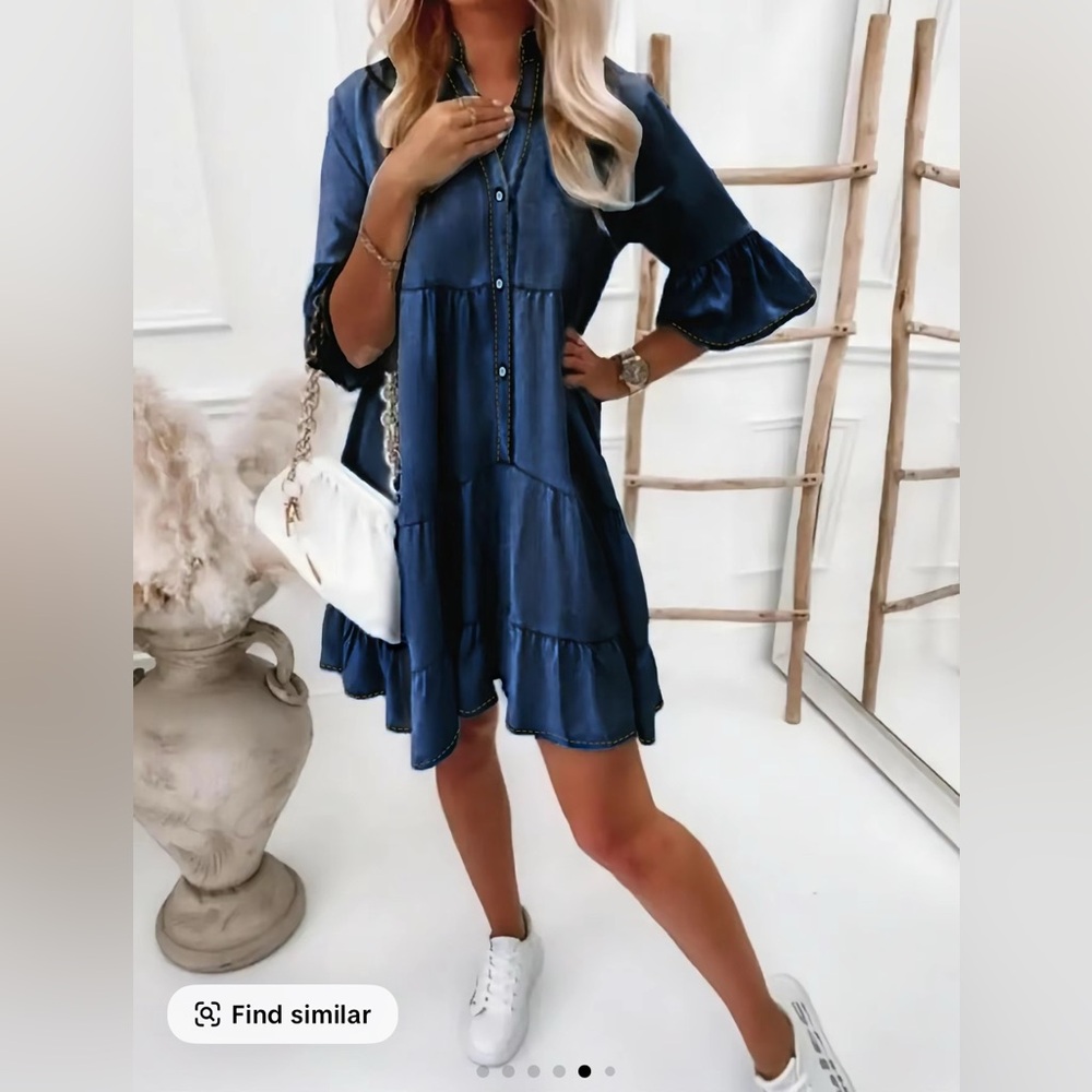 Blue Tiered Ruffled Mini Dress with Bell Sleeves